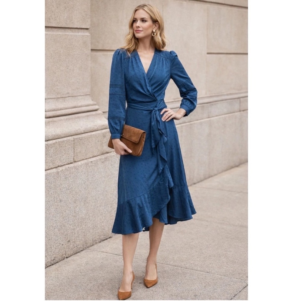 Veronica Beard Miriam Wrap Effect Ruffled Midi Dress Teal Blue Long Sleeve Sz 4